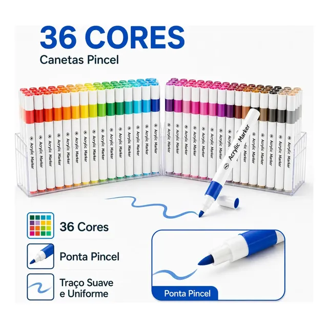 Caneta Marcadora Acrílica 36 Cores Canetinha Ponta Pincel Profissional Para Desenho Pintura Colorir Artesanato Madeira Vidro Plástico Metal Resina Scrapbook Marca Texto Estojo