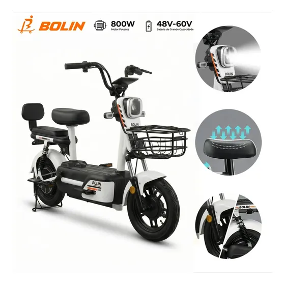 Bicicleta Elétrica Bolin 800W 48-60V 20Ah c/ Bateria de lítio Removível e Pneu 11” Subida de 25° Alarme Amortecedores Dianteiros e Traseiros Assistência ao Pedal Suporta até 150 kg