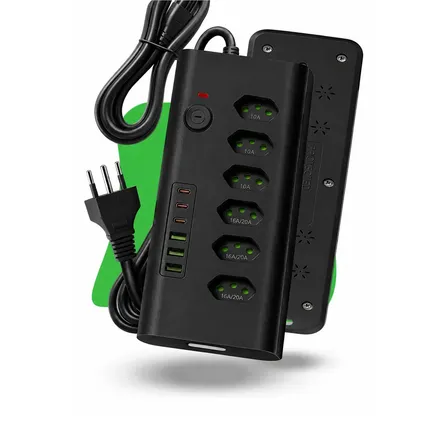 Régua Extensão Elétrica 6 Tomadas 3 Usb 3 Usb-c 10a 20a 2m Filtro De Linha Preto