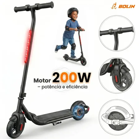 Patinete Elétrico Bolin KS203 Dobrável com Luzes LED para Crianças – Preto