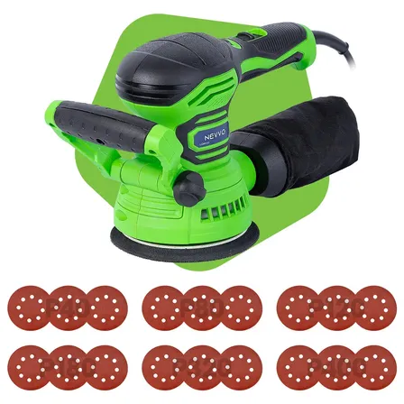 Lixadeira Orbital 400w Real Profissional 220v 125mm C/ Auto Vácuo 13000rpm 6 Velocidades Coletor De Pó + 18 Lixas Kit Completo Nevvo