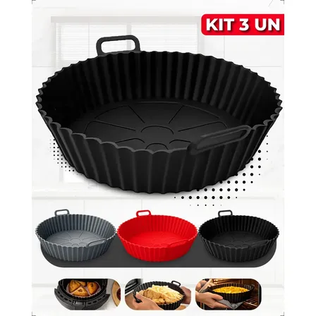 Kit 3 Formas De Silicone Cesto Antiaderente Para Air Fryer Assadeira Microondas Com Alça