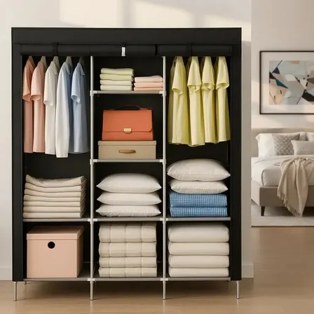 Armário Portátil 8 Divisórias Guarda Roupa Dobrável Premium Preto