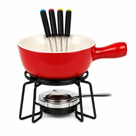Jogo Conjunto Panela Para Fondue Em Cerâmica 8 Peças 700ml Chocolate Queijo Completo - Vermelho