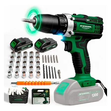 Parafusadeira Furadeira 21v 1300mah Com 2 Baterias Recarregável Sem Fio Maleta Completa Several Importados