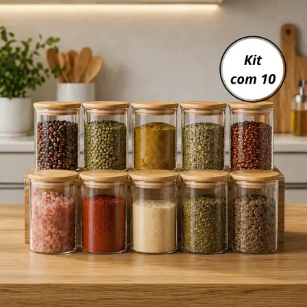 Kit De 10 Potes Herméticos Kyrios Em Vidro Para Mantimentos Com Tampa De Bambu 200 Ml Bege