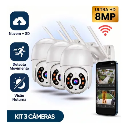 Kit Com 3 Câmeras De Segurança Ip Wifi A8 Full Hd Icsee Ptz 355° Com Visão Noturna Áudio Bidirecional Ip66 Monitoramento Remoto Para Celular Android E iPhone