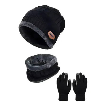 Kit Touca Gorro Cachecol + Luva Inverno Pelinho Frio Adulto Preto Un Lisa