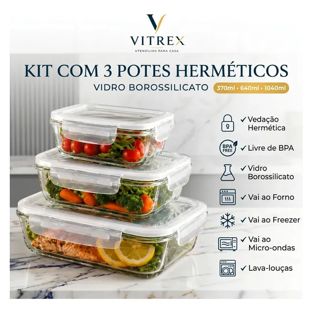 Kit 3 Pote De Vidro Marmita Hermético 370, 640ml, 1040ml Freezer Fitness Vitrex Transparente