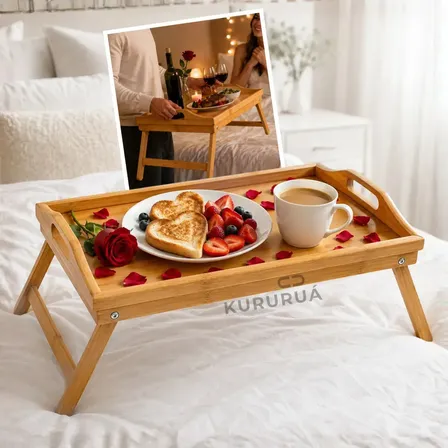 Bandeja Para Café Da Manhã Na Cama Em Bambu Com Pés Dobráveis 50x30cm Elegância, Praticidade Conforto Marca Kururuá