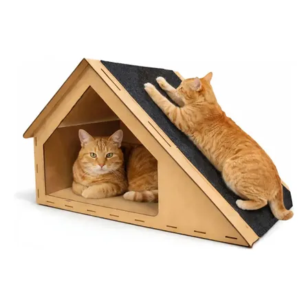Casinha Gato Toca Arranhador Madeira Mdf Carpete 30x47x36cm