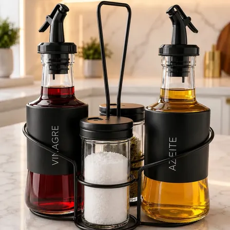 Galheteiro 5 Peças Vidro Porta Azeite Vinagre Sal Bico Dosador Kit Mesa Sólar Preto 200ml