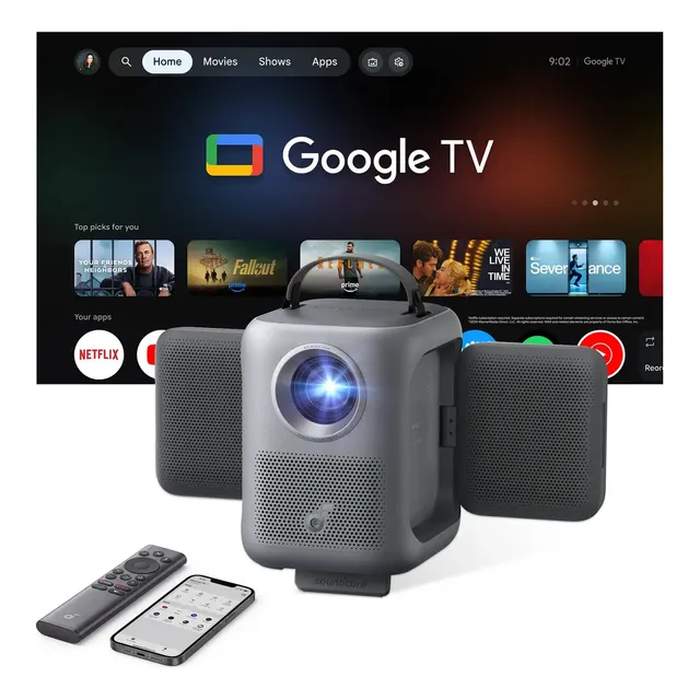 Projetor Smart Soundcore P1i by Anker Dolby Audio 20W Netflix 4K Oficial Full HD 380ANSI Google TV Android Wi-Fi Bluetooth 5.0 Rotação 360° Foco e Correção Auto Cinema em Casa para Copa do Mundo Preto