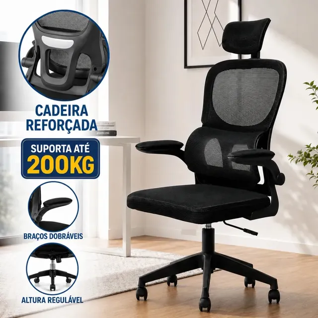 Cadeira De Escritório Ergonômica Cadeira Dg Giratória Com Apoio Lombar E Braços Dobráveis Espuma Viva Preto Mesh