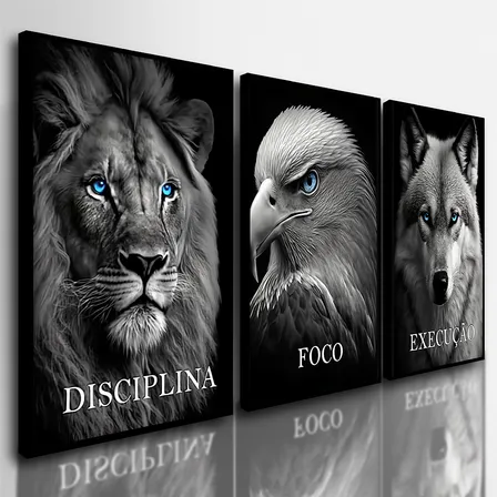 Quadros Decorativos Leão Águia Disciplina Motivação 3 Peças
