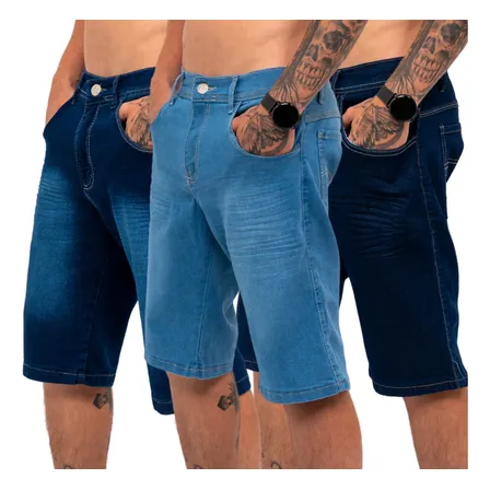 Kit 3 Bermudas Jeans Masculina Lycra Elastano Jeans Sortidos Liso 38