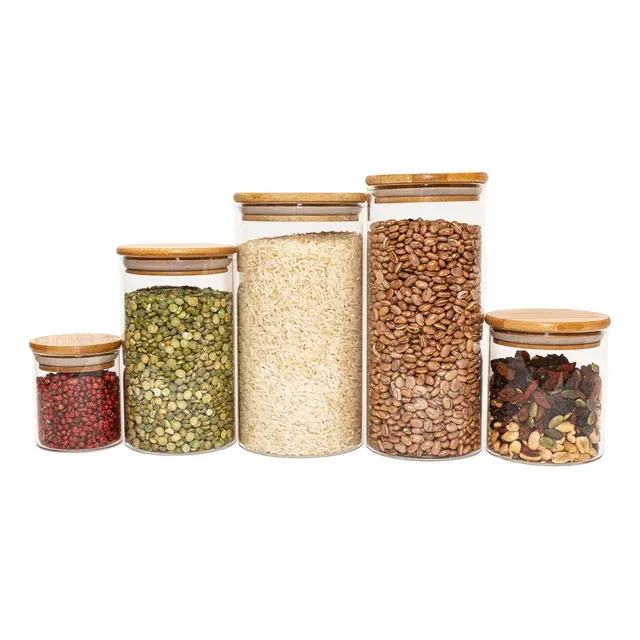 Potes De Vidro P/ Mantimentos C/ Tampa Bambu Oikos - 5 Pçs Marrom-claro