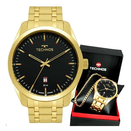Relógio Technos Masculino Dourado Preto Com Calendário Dourado Preto