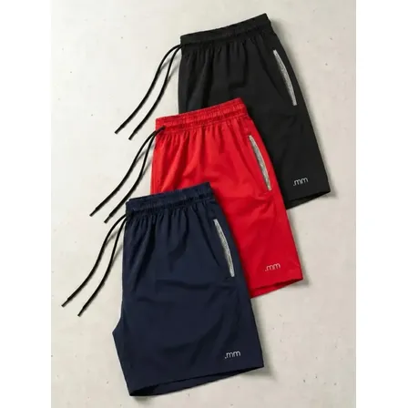 Kit 3 Bermuda Masculina Tactel Com Elastano Academia Treino Marinho Vermelho Preto P