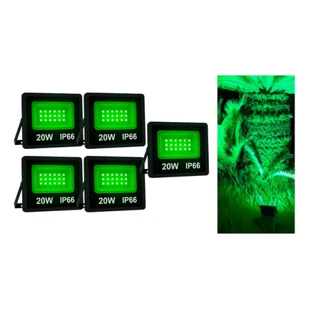Kit 5 Refletores Luz Verde Led 20w Iluminação Jardim Grama