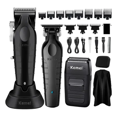 Kit 3x Máquinas Kemei 2296 + 2299 + 1102 + Base Carregadora