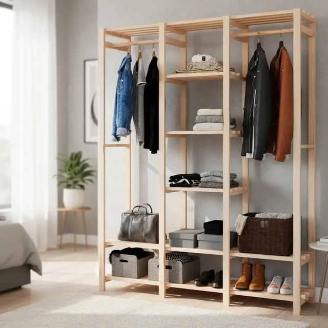 Guarda Roupa Closet Estante Arara Cabideiro Madeira Natural Natural