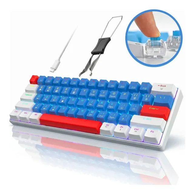 Teclado Mecânico Gamer 60% 61 Teclas Rgb Azul Hot-swappable