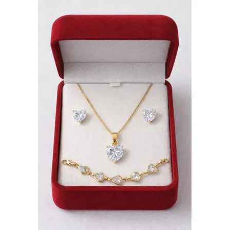 Colar Pingente Coração Brilhante Banhado Ouro 18k + Brincos