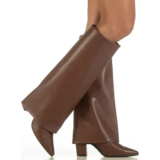 Bota Capa Feminina Cano Longo Salto Alto Bloco Bico Fino