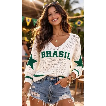 Blusa Feminina Tricot Brasil Manga Longa Decote V Croche