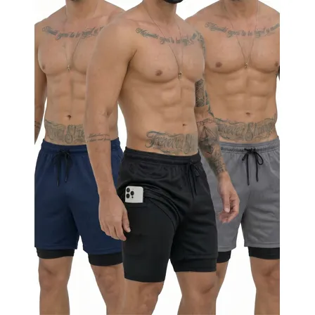 Kit 3 Shorts 2 Em 1 Duplo Bolso Para Academia Treino Corrida