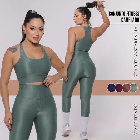 Conjunto Fitness Canelado Calça Legging Top Blackout Treino