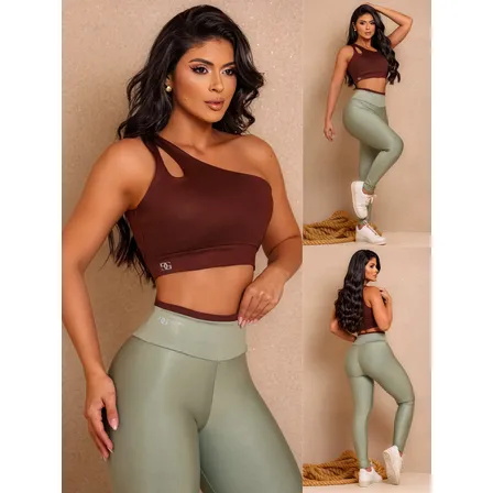 Conjunto Fitness Top Nula Manga E Calça Academia Bicolor