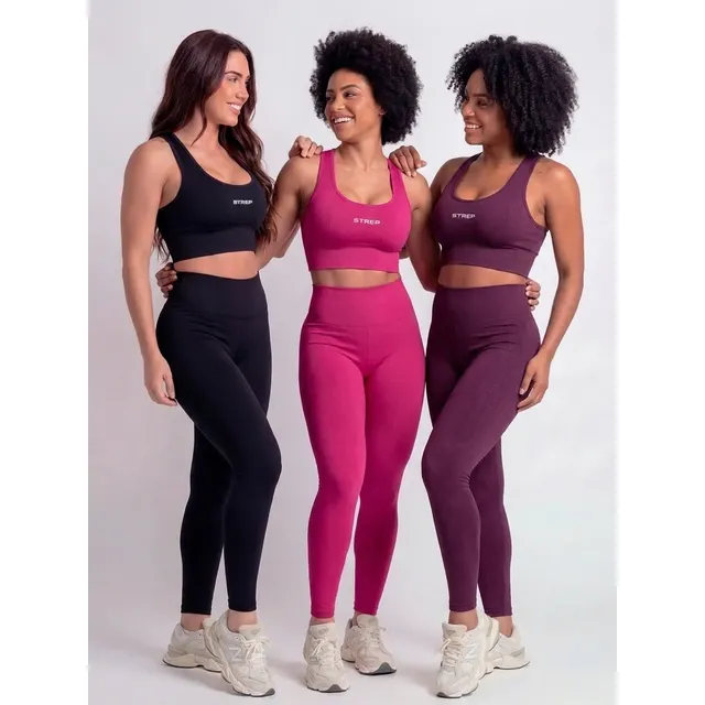 Kit 3 Conjunto Feminino Fitness Calça Leg Com Top Rosa / Roxo / Preto Lisa M