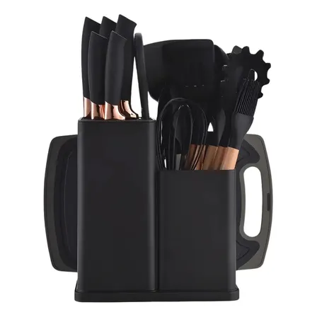 Kit19 Utensílios Silicone C/ Cabo De Madeira E Facas Em Inox