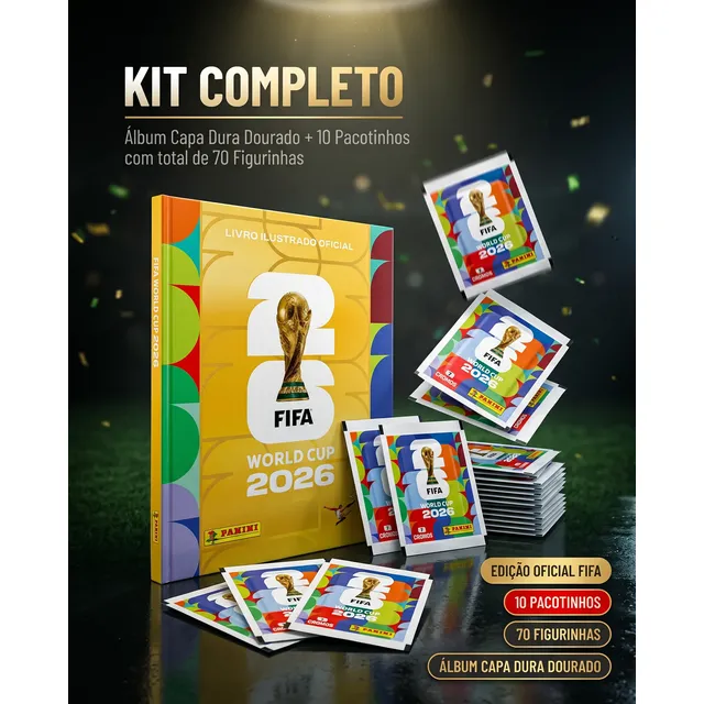 Album Capa Dura Ouro + 70 Figurinhas Kit Copa Do Mundo 2026