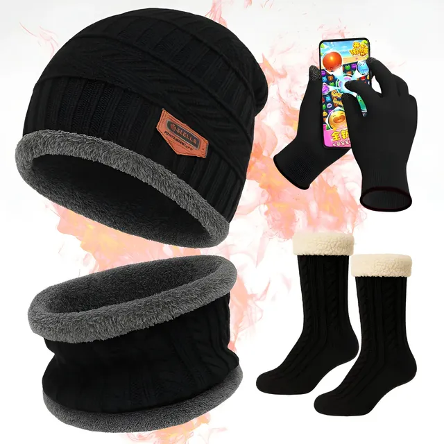 Kit Frio Touca Luva Cachecol Meia Térmica Unissex Inverno Preto Liso