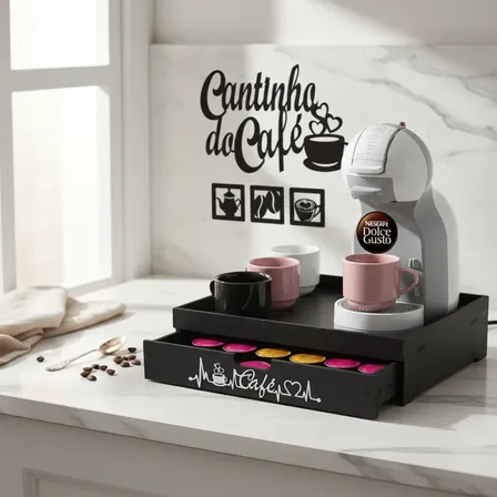 Porta-cápsulas E Bandeja Decorativa Mdf Café Dolce Gusto Preto C/ Kit Placas