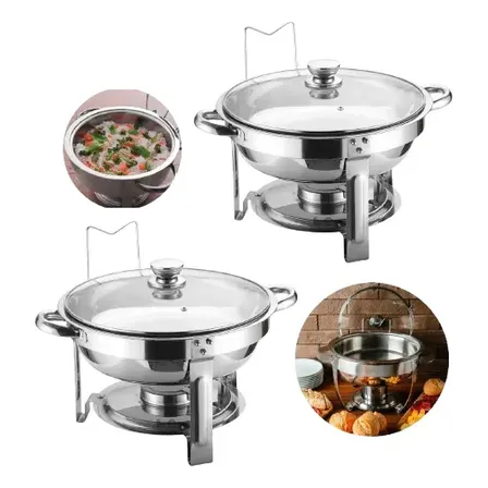2 Rechaud Redondo Inox 5l Tampa Em Vidro Buffet Fogareiro