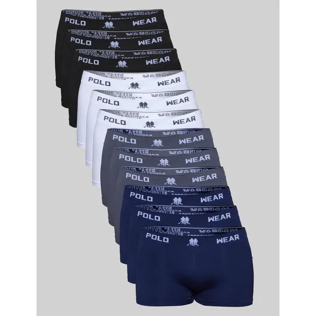 Kit 12 Cuecas Boxer Polo Wear Masculino Microfibra Liso Preto / Branco / Cinza / Azul-marinho Liso M