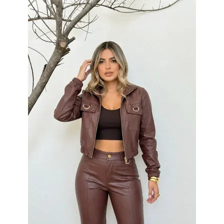Jaqueta Feminina Couro Pelinho Gola Bomber Zíper Inverno