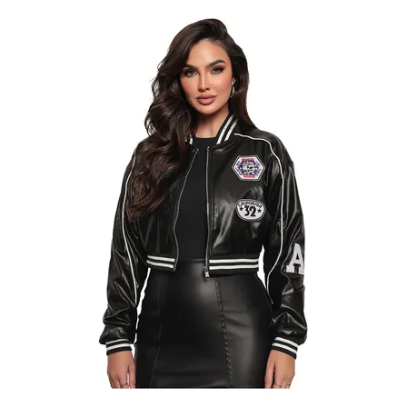 Jaqueta Couro Feminina Motocross Racer Bordada Motoqueira