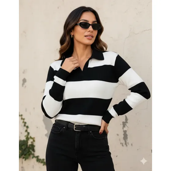 Blusa Tricô Modal Feminina Listrada Manga Longa Gola Polo