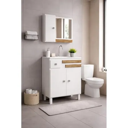 Gabinete Banheiro 60cm Completo Com Cuba E Espelho Monaco
