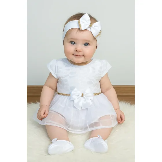 Kit Vestido Bebê Menina 4 Peças Batizado Festa 0 A 6 Meses