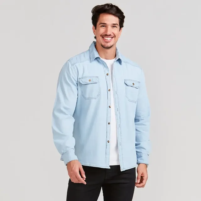 Camisa Jeans Masculina Social Slim Manga Longa