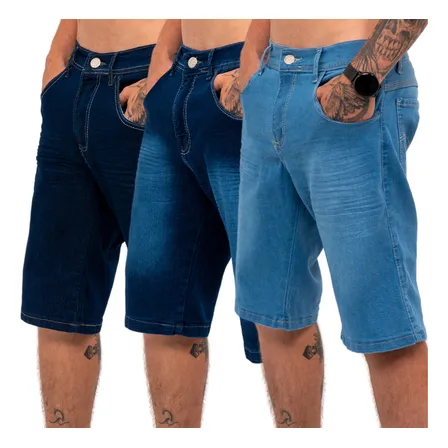 Kit 3 Bermudas Jeans Masculina Lycra Elastano