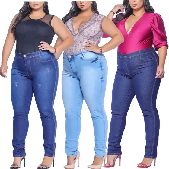 Kit 3 Calças Jeans Plus Size Cintura Alta Lycra