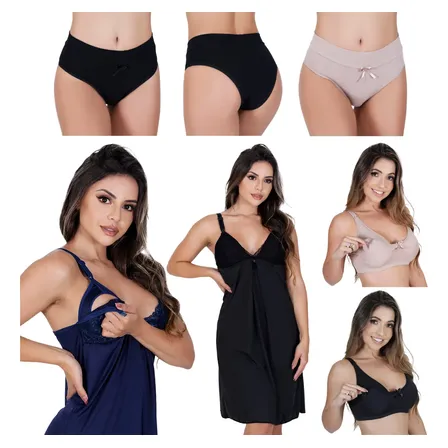 Kit Amamentação 2 Camisola + 2 Sutiã + 3 Calcinha Pós Parto
