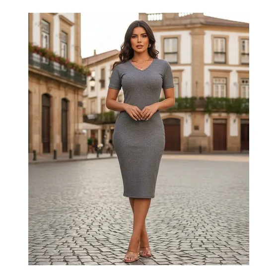 Vestido Canelado Moderno Verão Midi Tendência Tubinho